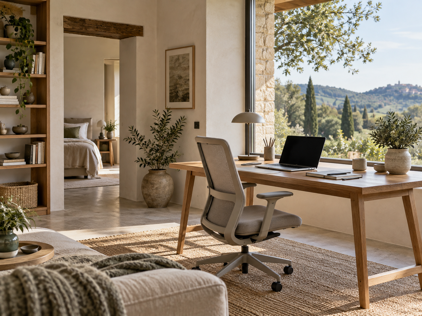 A calm creator-friendly room with a proper workspace and natural light