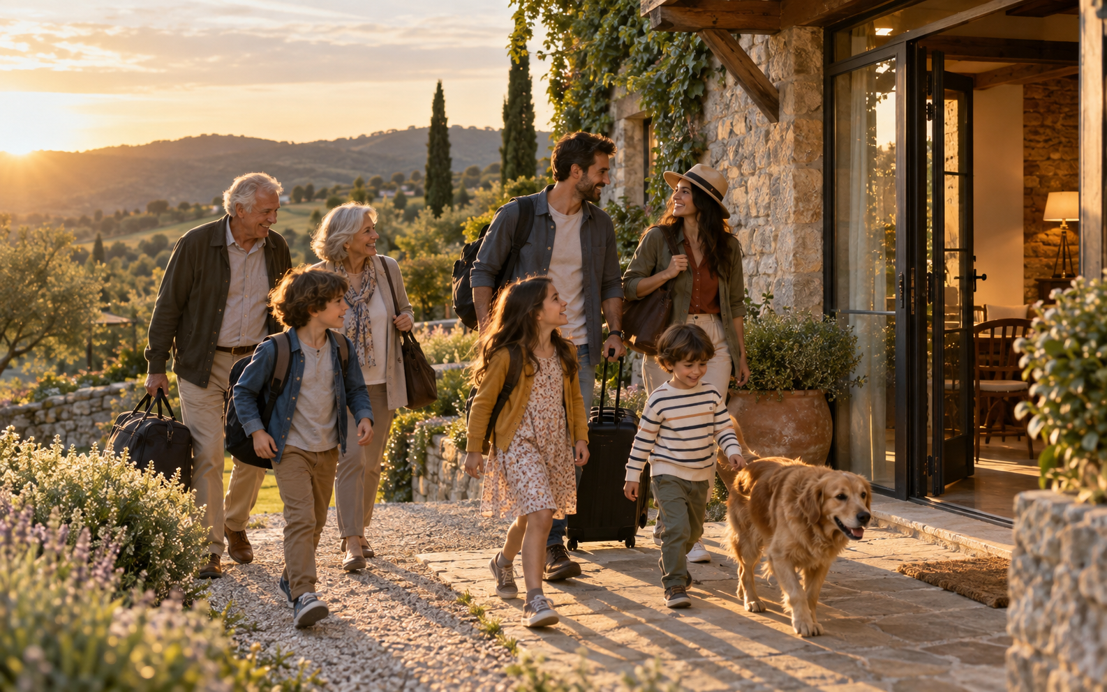 A family and their dog arriving at a welcoming holiday home
